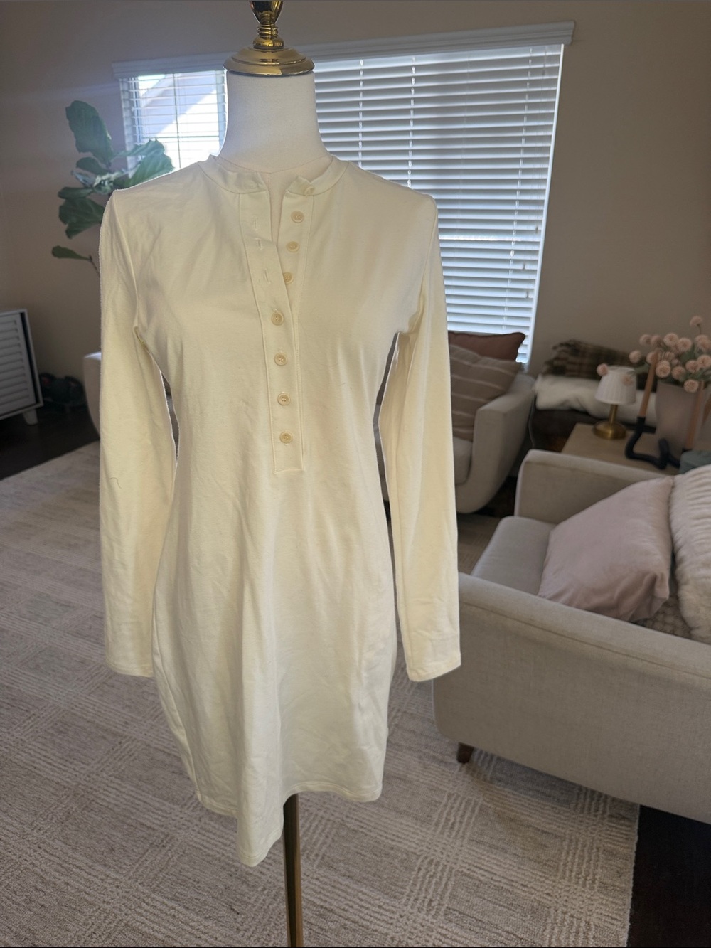 Reformation Cream Long-Sleeve Henley Dress